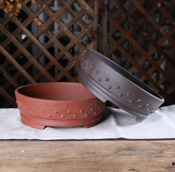 Chinese style ceramic flowerpot with purple clay finish, drum nail shape, indoor tabletop use, 16.5cm inner diameter