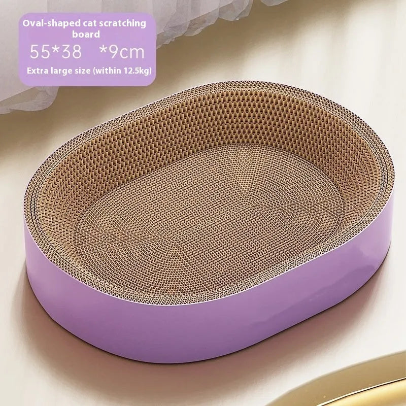Green oval corrugated paper cat scratch board and nest measuring 55cm diameter
