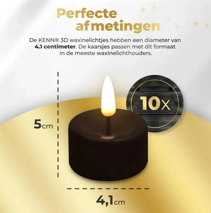 Four black plastic LED tealight candles arranged together, showing their 4.1 cm diameter size.