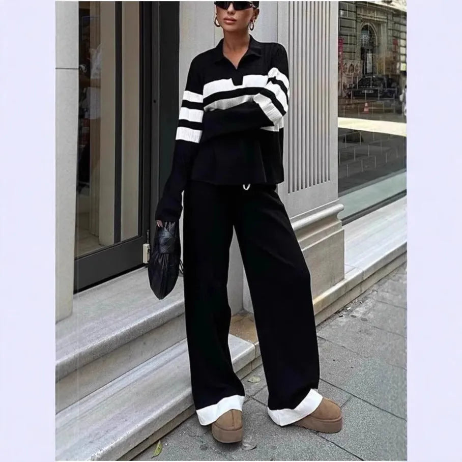 Women's black and white striped polo collar knitted shirt with matching trousers two-piece set