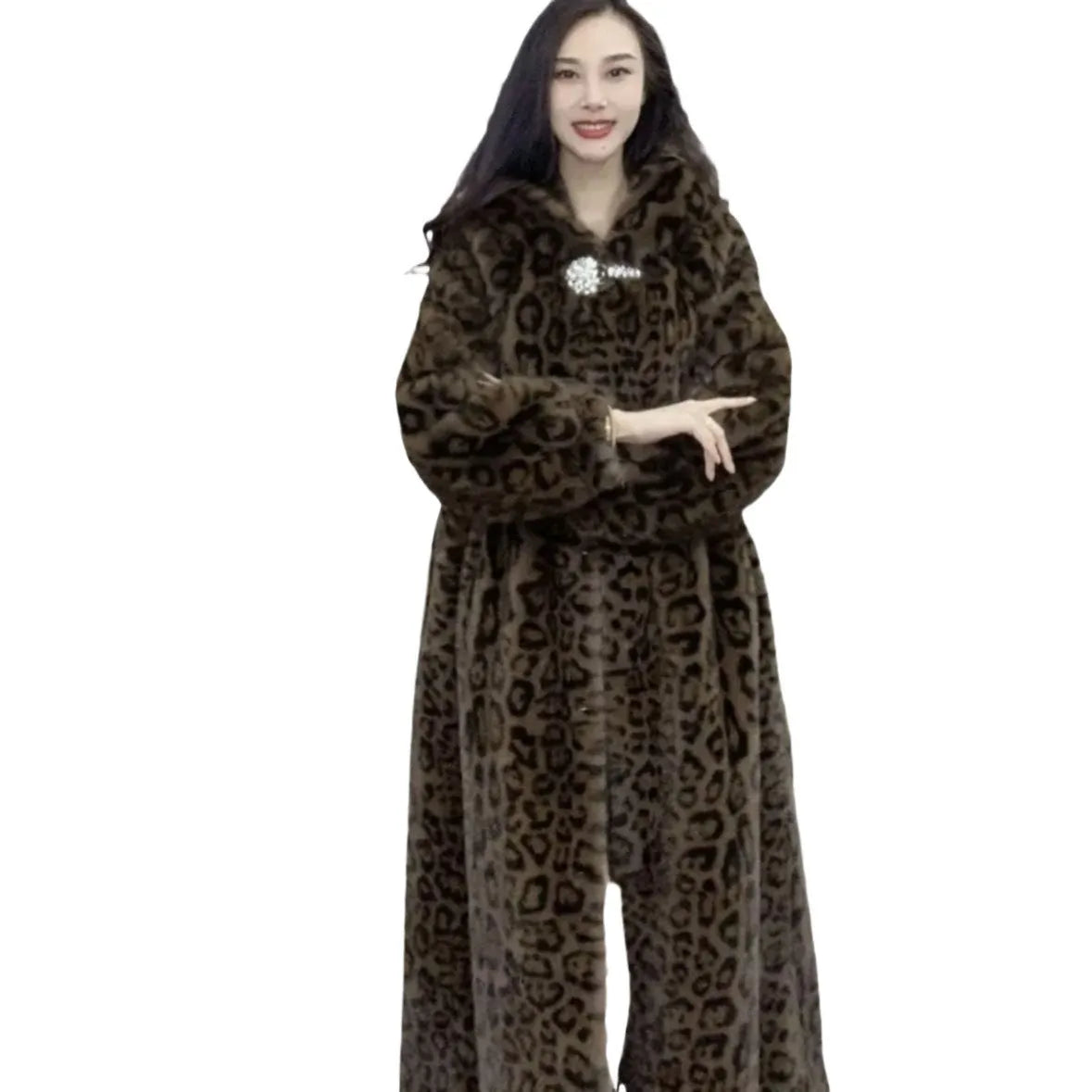 Plus size brown leopard print faux fur long coat on a hanger