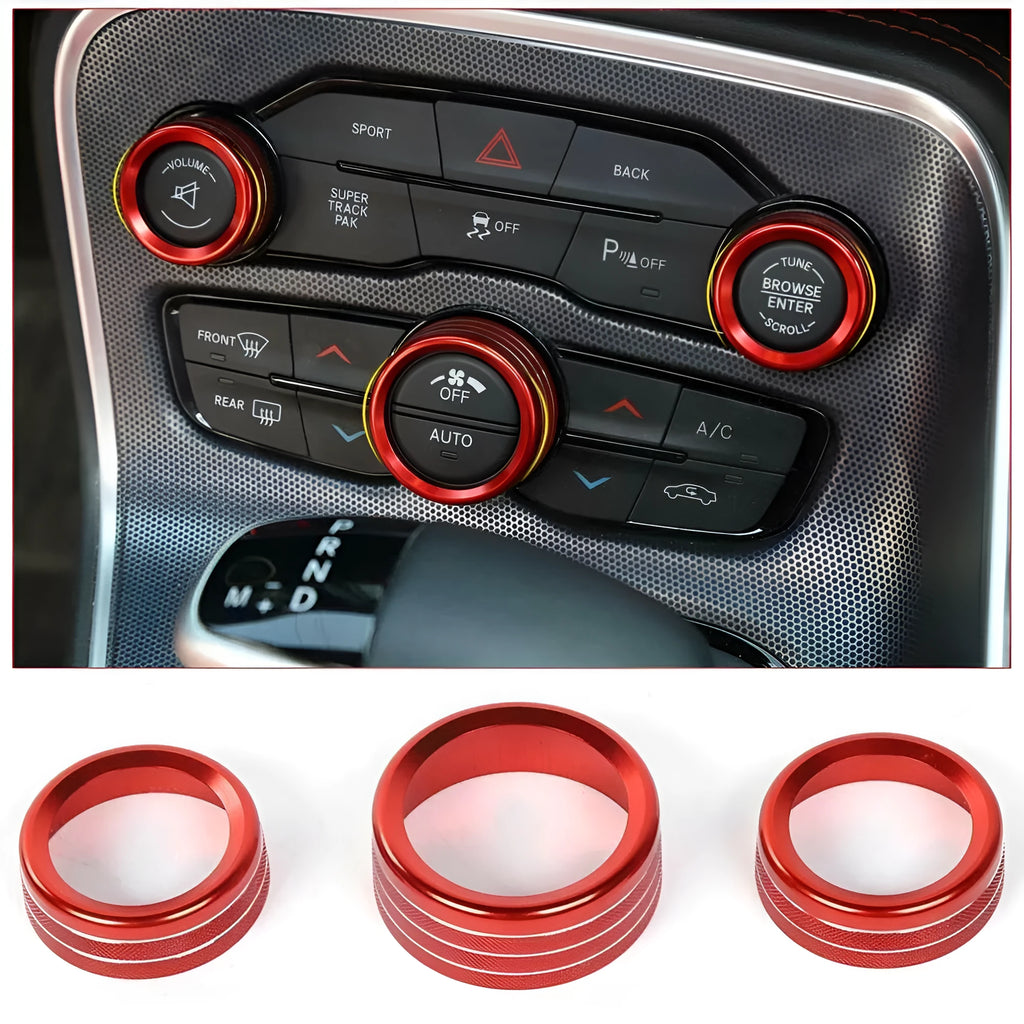 Aluminium alloy decorative ring for Dodge Challenger Grand Cherokee air conditioning knob in multiple colours.