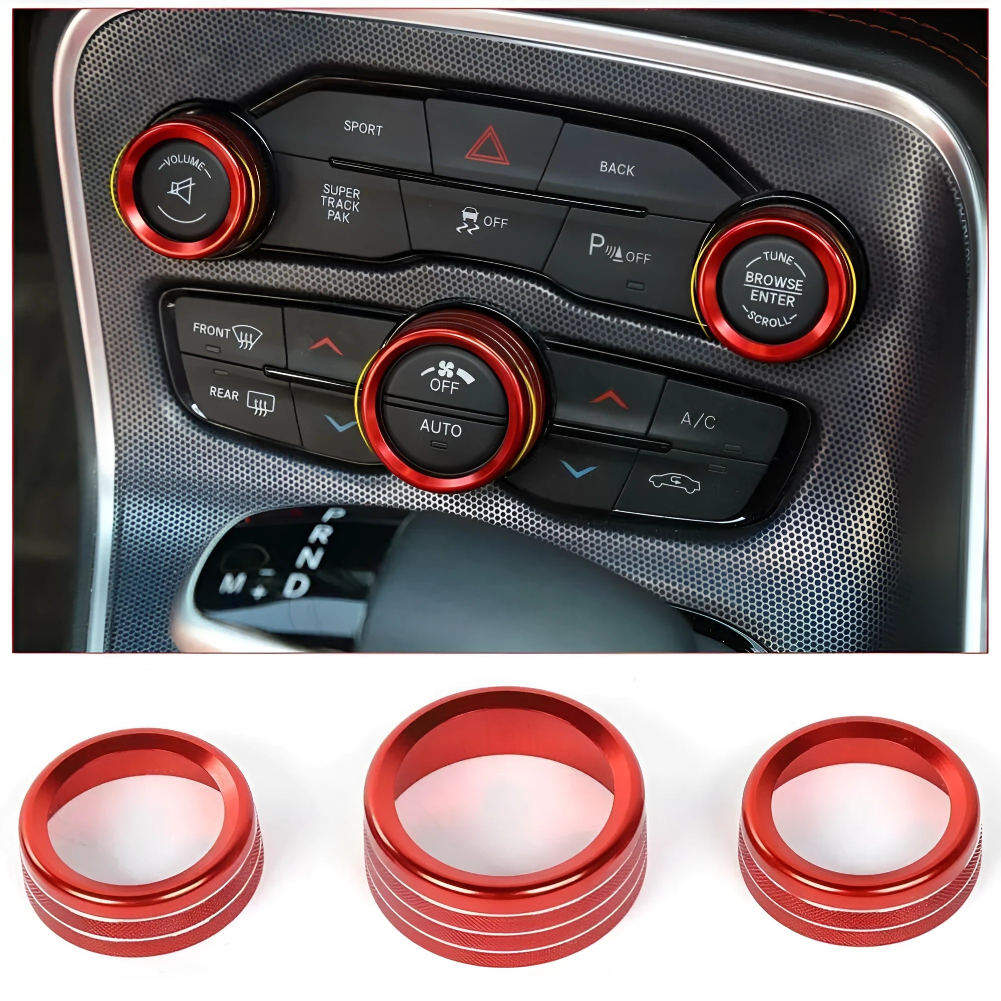 Aluminium alloy decorative ring for Dodge Challenger Grand Cherokee air conditioning knob in multiple colours.