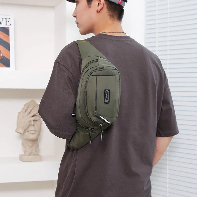 Men's nylon waterproof waist bag in black with a 40cm width for crossbody carry