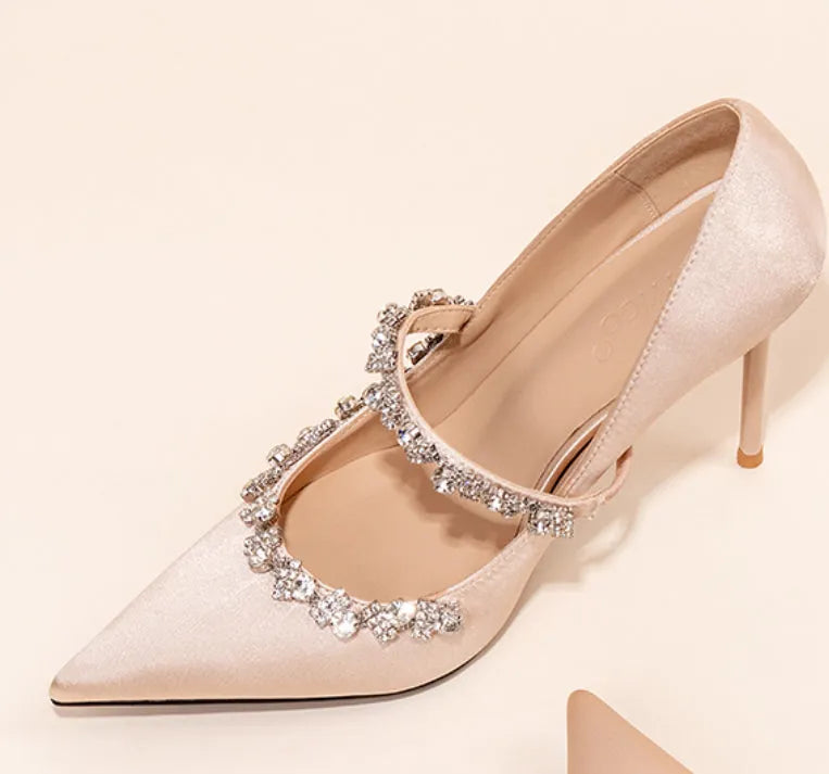 Nude slip-on high heels with rhinestone decorations, satin upper, sheepskin lining, 8CM heel height