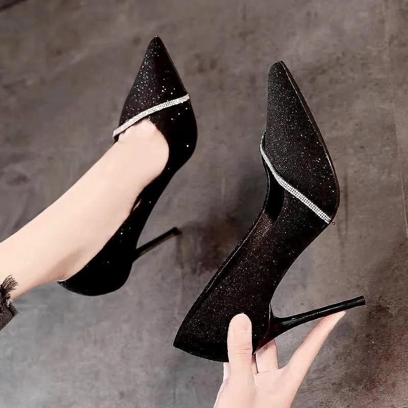 Women's stiletto pointed toe low-cut high heels in black with 9cm stiletto heel and PU upper