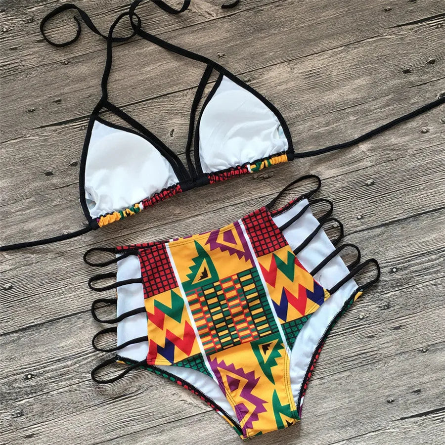 Women's digital print split bikini swimsuit with high-waisted briefs in chemical fibre blend fabric
