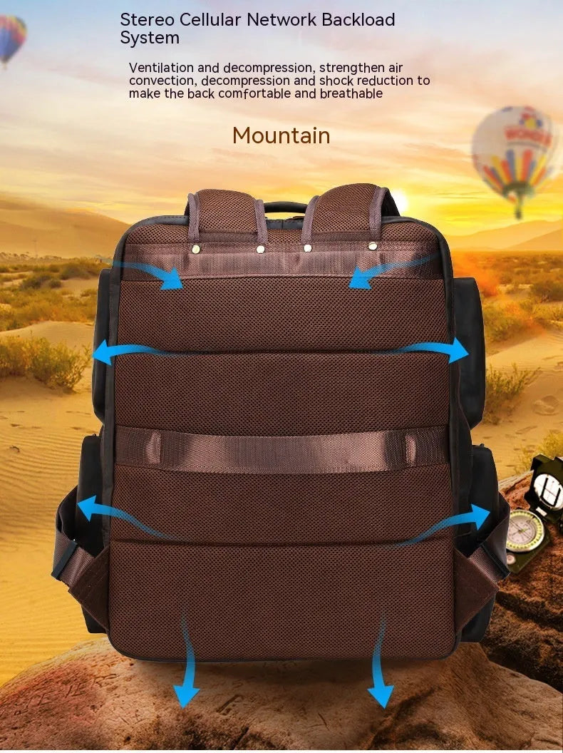 Dark brown retro crazy horse leather men's backpack with a 17-inch laptop compartment and double straps.