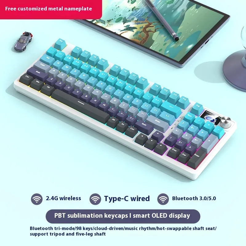 98-key wireless Bluetooth mechanical keyboard kit with metal knob and multiple colour background options