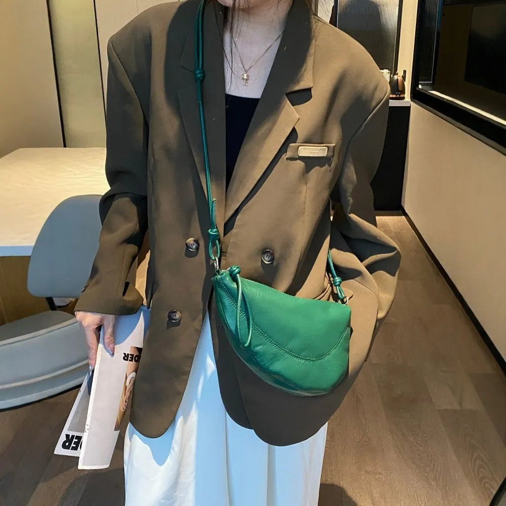 Casual woman's genuine leather shoulder underarm clutch in dumpling shape, 16x11x3cm, available in five colours including black and green.