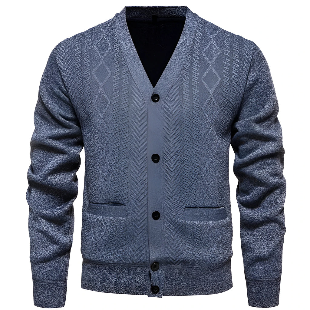 Man wearing a striped cardigan sweater with long sleeves and a wool lining.