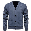 Man wearing a striped cardigan sweater with long sleeves and a wool lining.