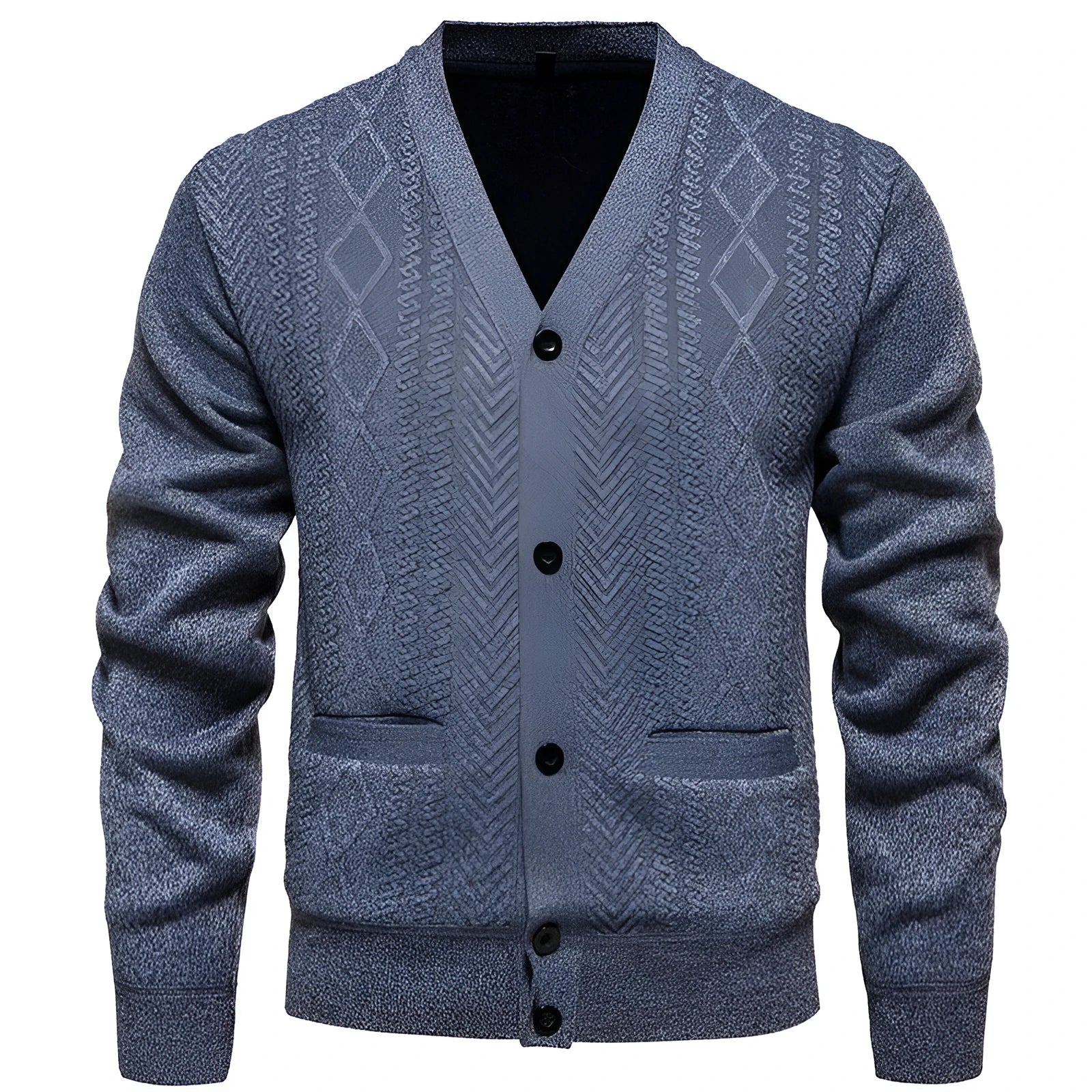 Man wearing a striped cardigan sweater with long sleeves and a wool lining.