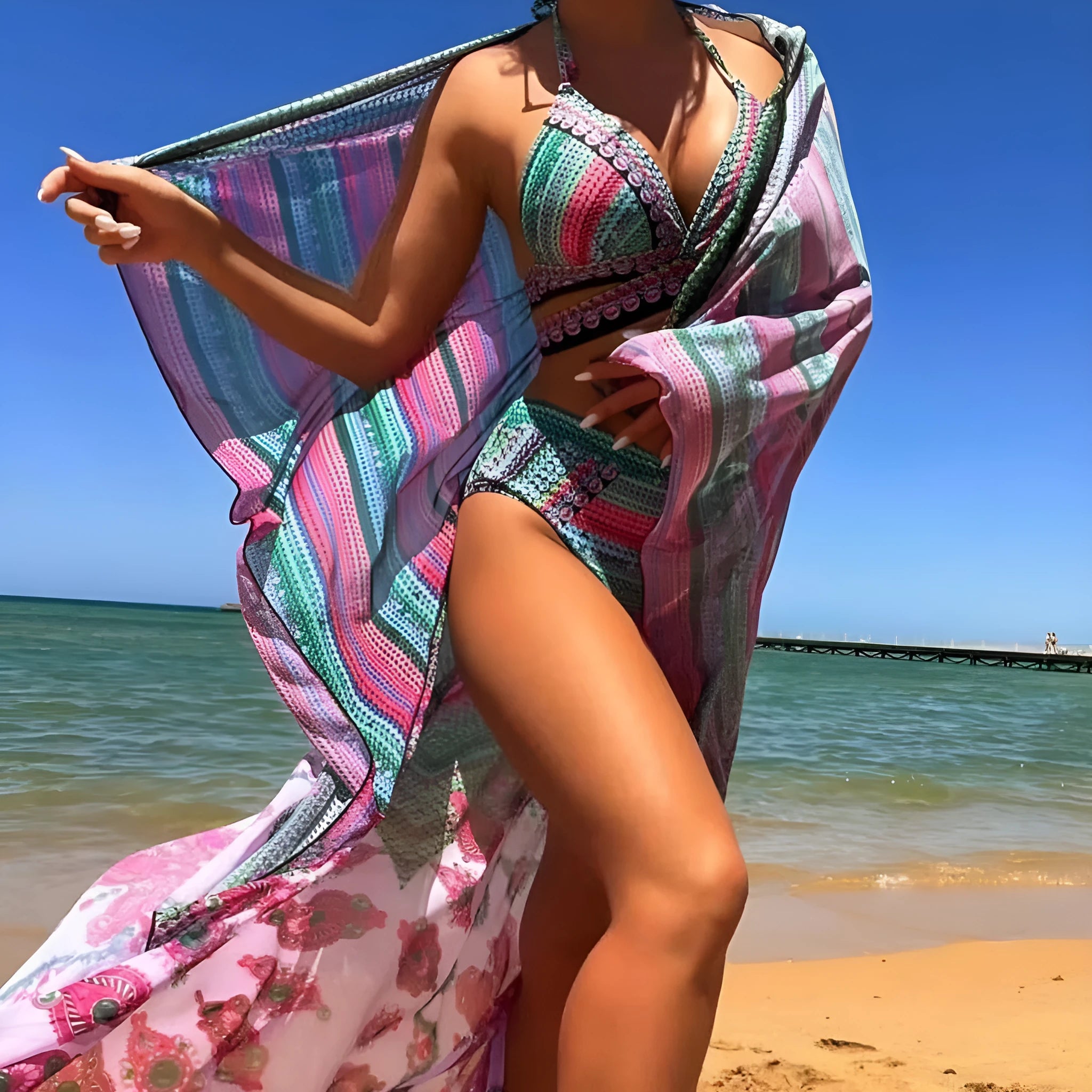 Women's high waist bikini swimsuit with cross bandage design and veils split in three-piece set