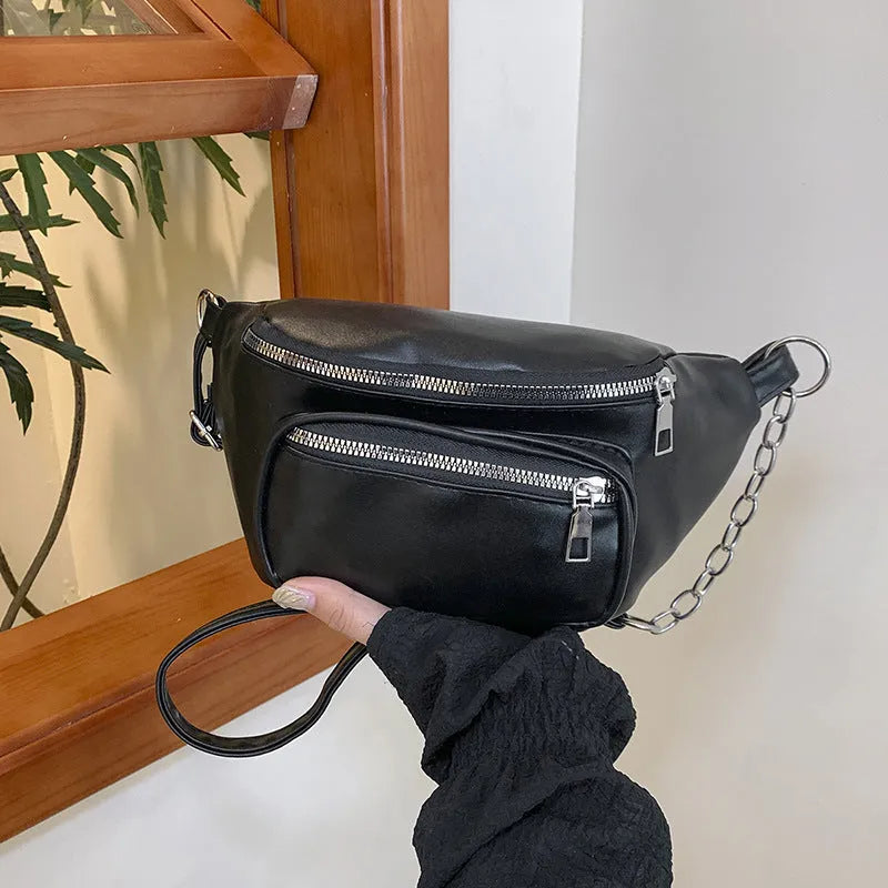 New high-grade versatile large capacity PU shoulder bag for women with chain detail, black colour, urban simple style