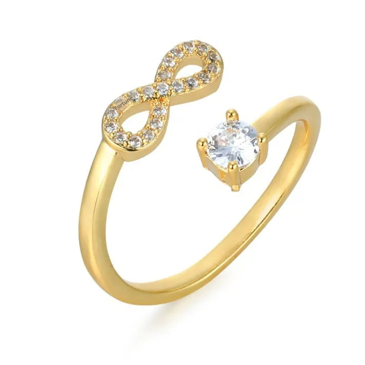 Geometric open design letter ring with inlaid zircon stones in gold, rose gold, or silver metal.