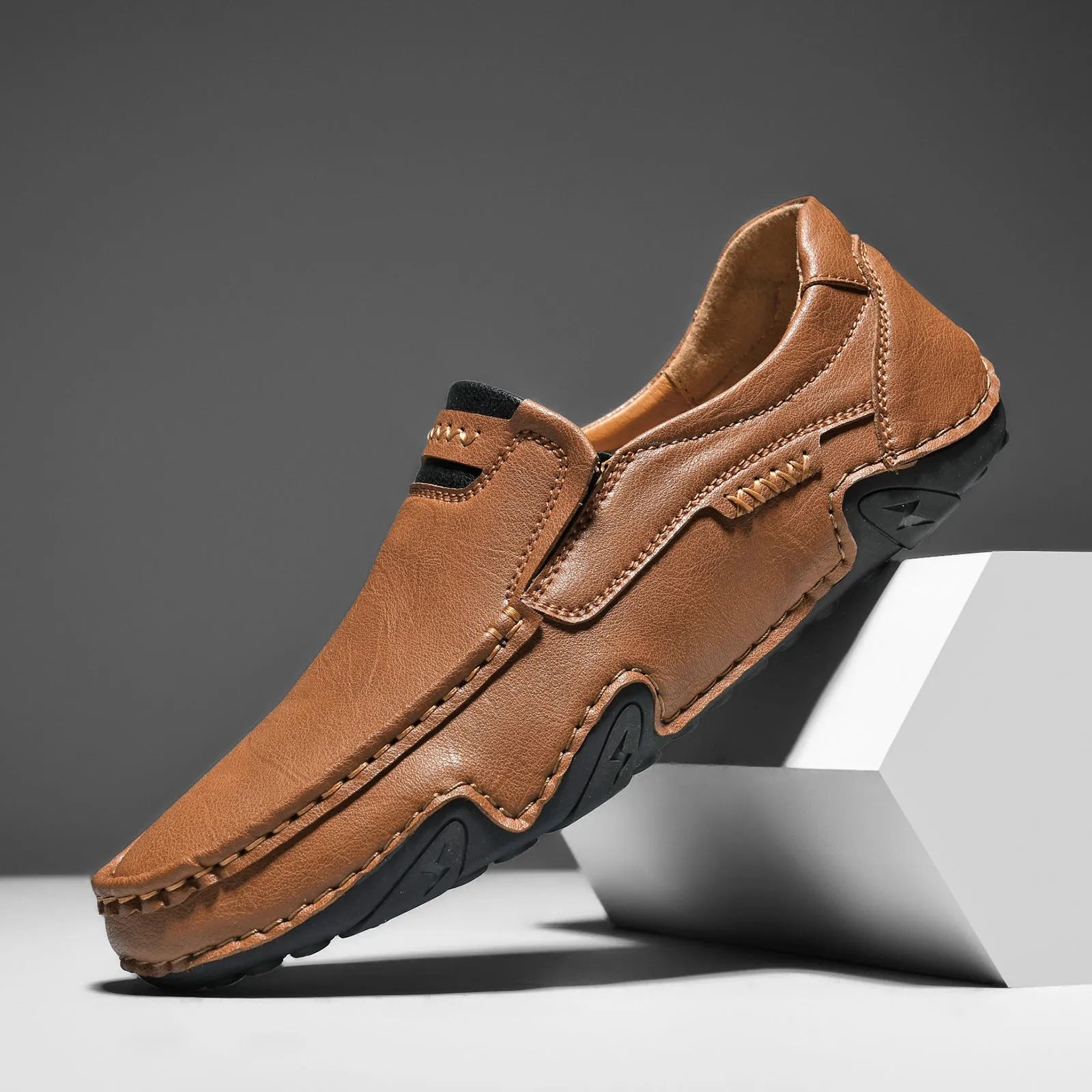 Leather lined slip-on casual shoes with flat rubber sole in multiple colour options