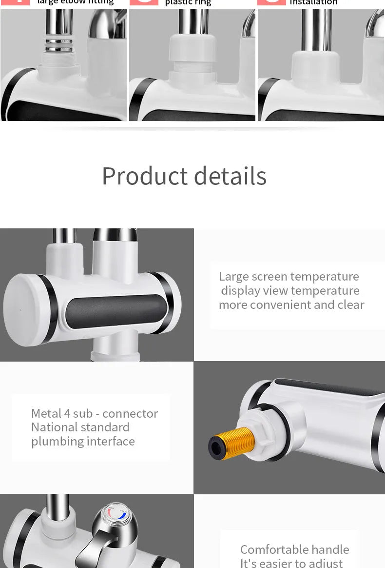 White electric kitchen water heater with digital temperature display and water separation technology