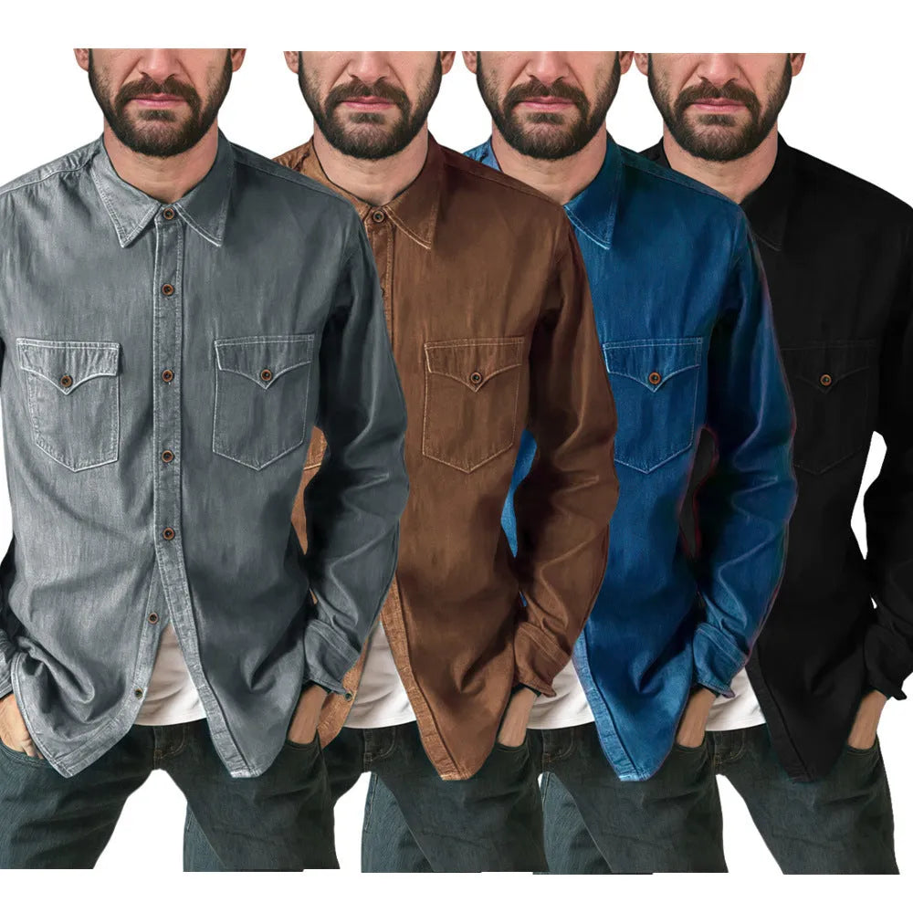 Men's cotton denim cardigan coat shown in khaki, black, blue, and grey colour options.