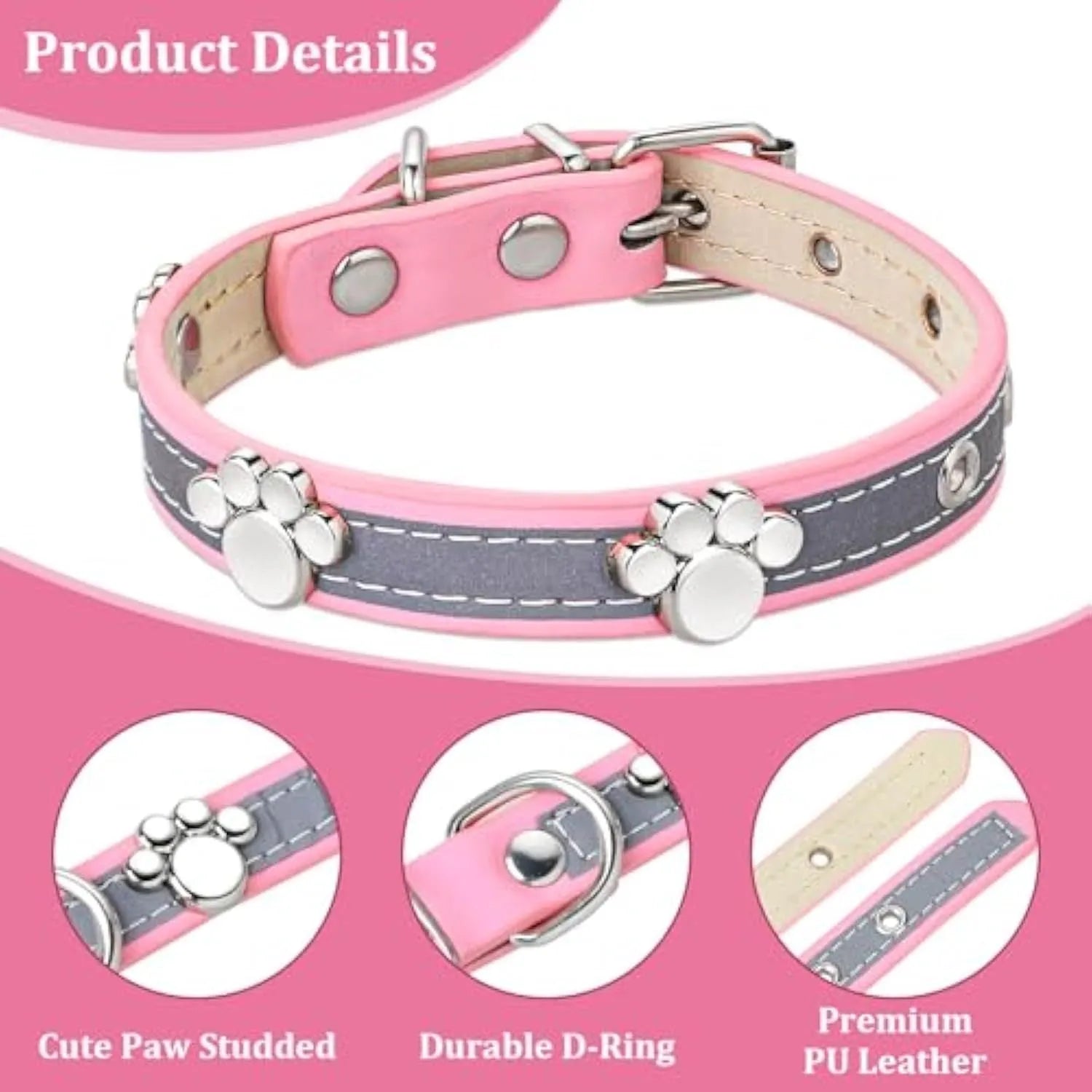 Reflective brown leather dog collar with metal buckle and paw print rivet, shown on a size chart.