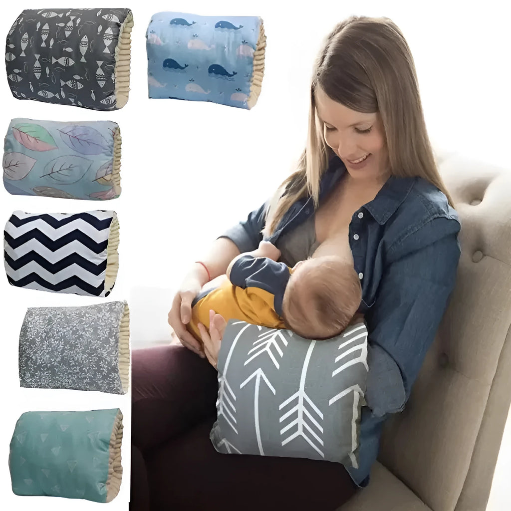 Baby cotton nursing arm pillow with forearm support, blue triangle design, 25x23cm