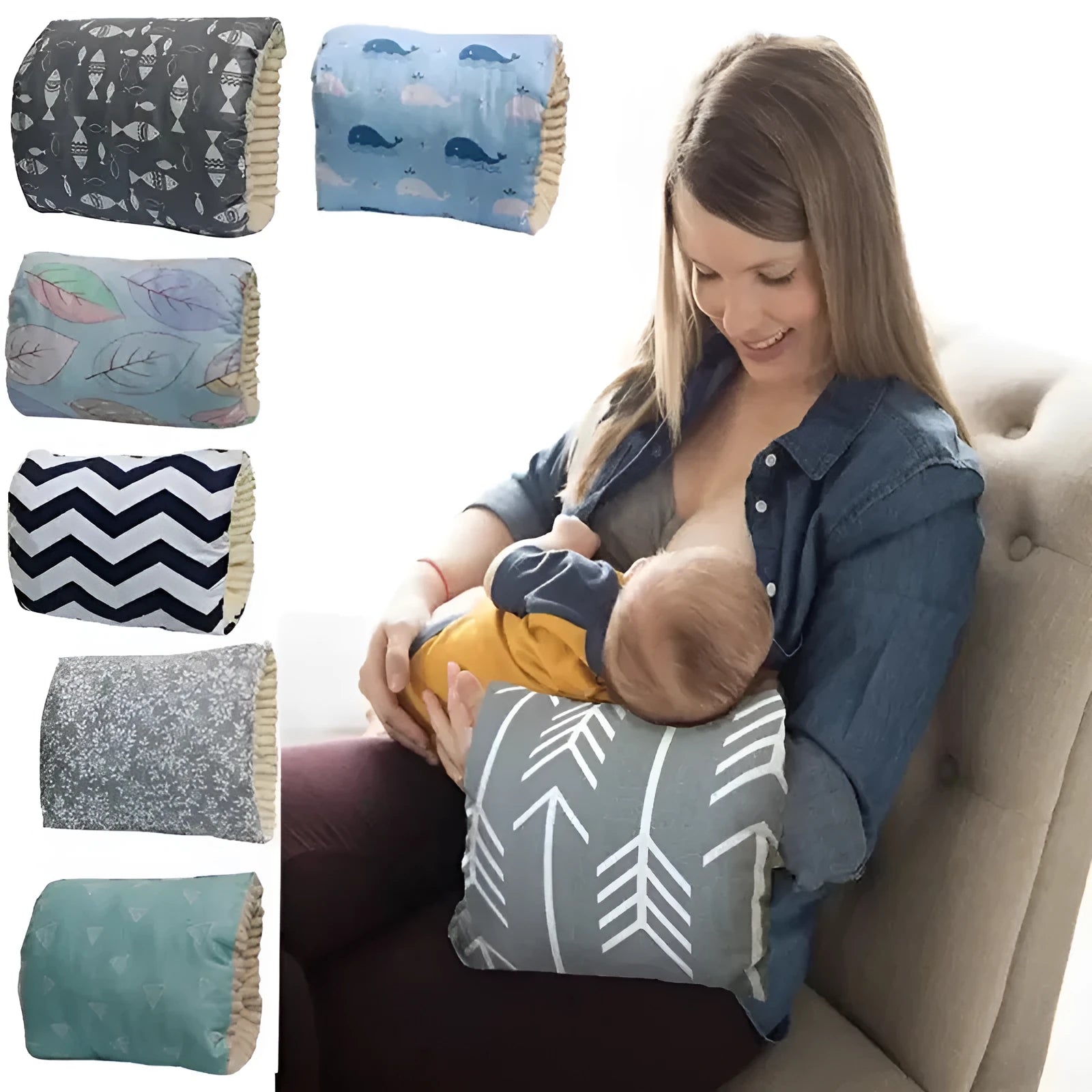 Baby cotton nursing arm pillow with forearm support, blue triangle design, 25x23cm