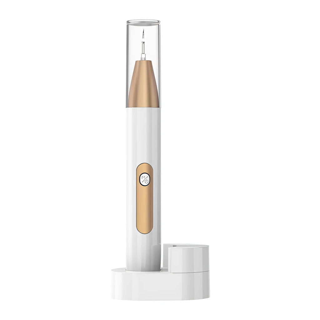 Gold coloured ultrasonic tooth cleaning device for removing tartar and stains.