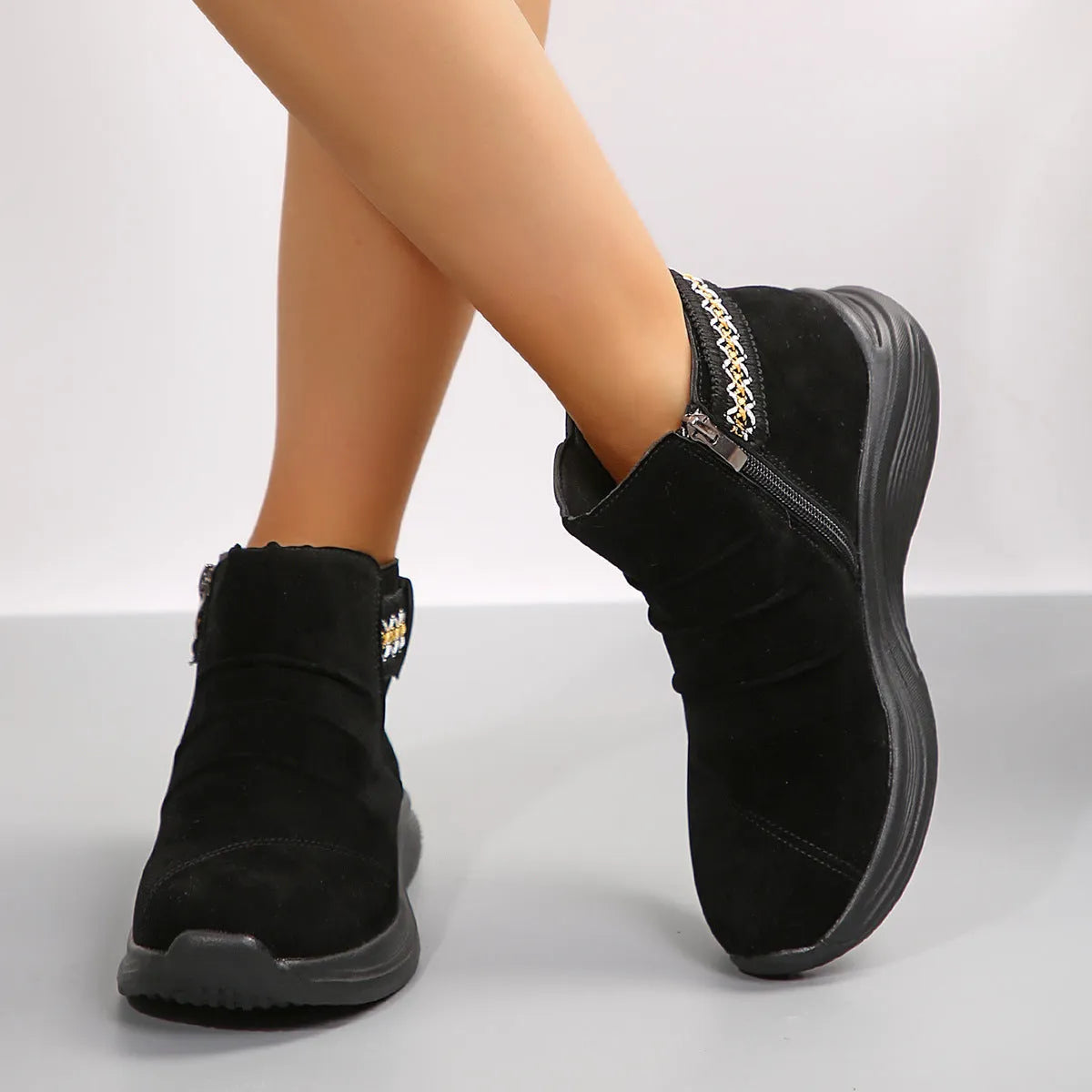 Round head women's frosted martin boots in black with platform heel and side zipper