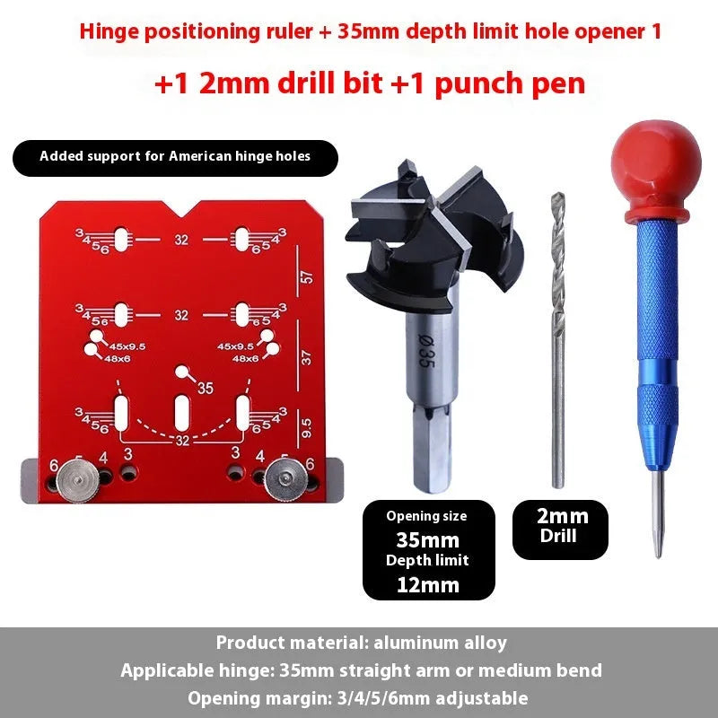 Red aluminium alloy hinge punch locator tool with adjustable margin settings for 35mm cabinet hinges