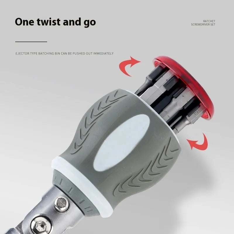 Multi-angle ratchet screwdriver set with chrome vanadium steel bits and red background extension rod