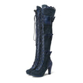 Women's high heel lace strap boots in black artificial PU with round toe and lace-up front