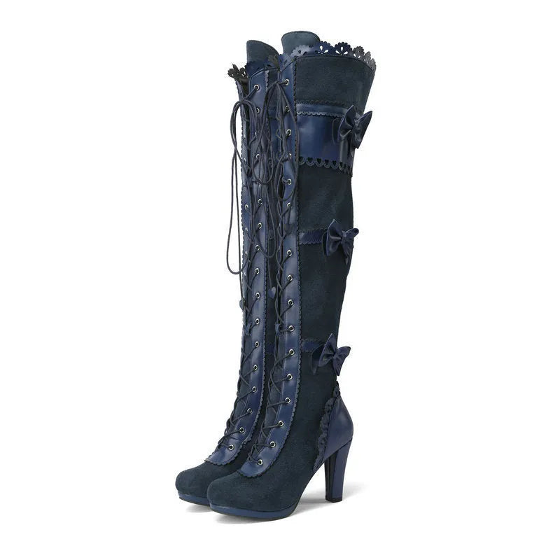 Women's high heel lace strap boots in black artificial PU with round toe and lace-up front