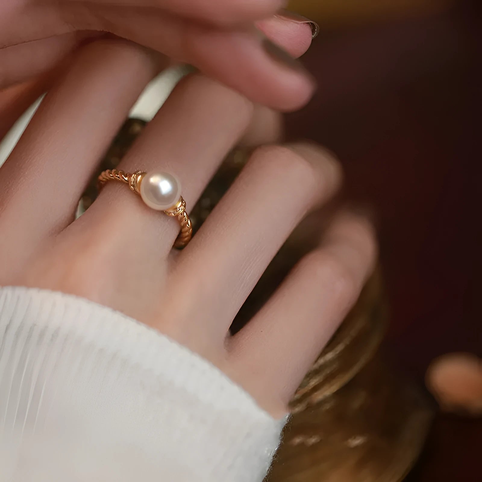 Adjustable copper antique twist pearl ring with geometric design in gold finish