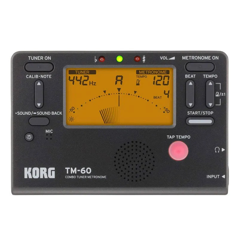 TM-60 black and white universal metronome tuner for piano guitar with digital display.