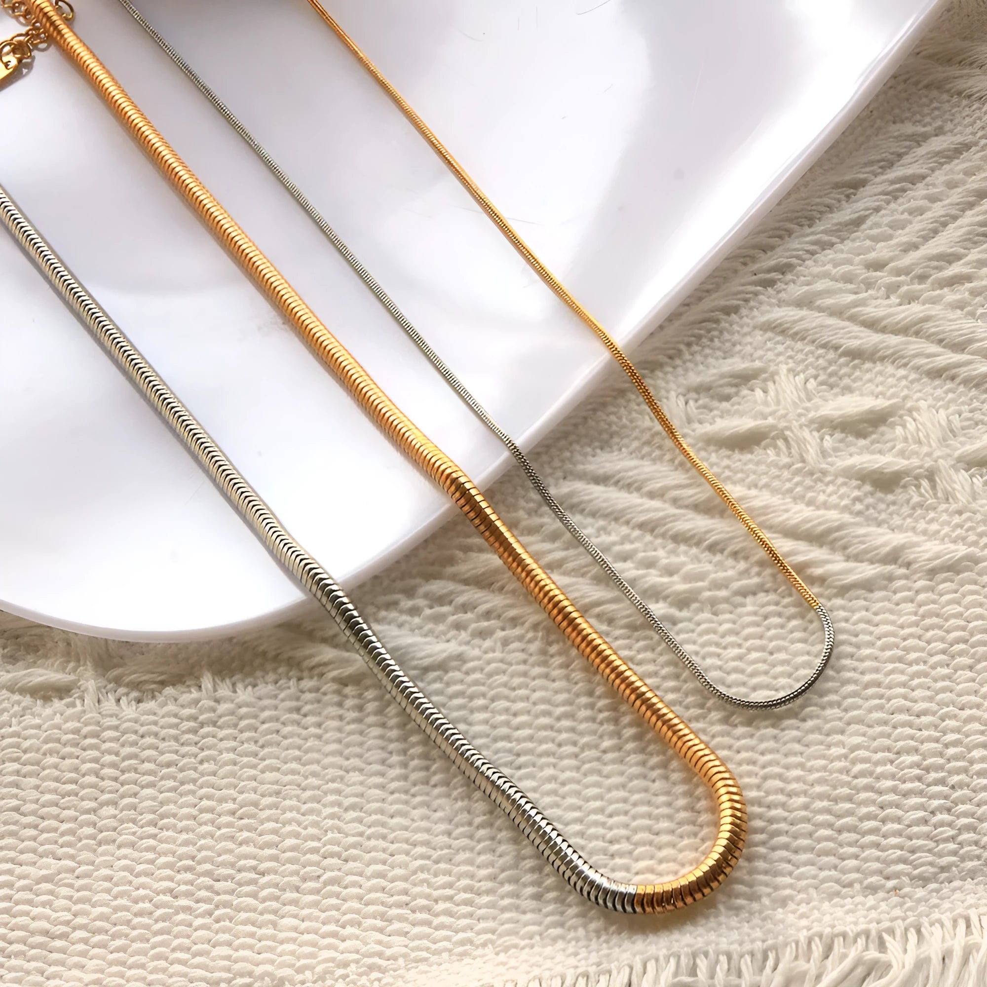 Gold chain necklace with 3mm thick snake bones design in stainless steel