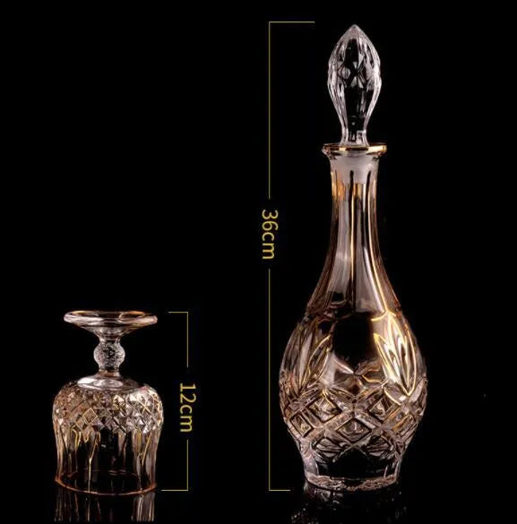 Yellow Chinese-style glass wine set with six pieces and golden accents for whiskey and red wine