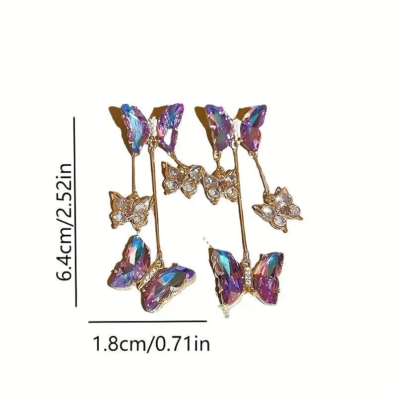 Blue purple butterfly tassel earrings with silver needle crystal flowers, approximately 8 cm drop length