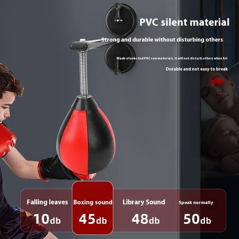 Red and black inflatable boxing training ball with suction cup mounting system and pump