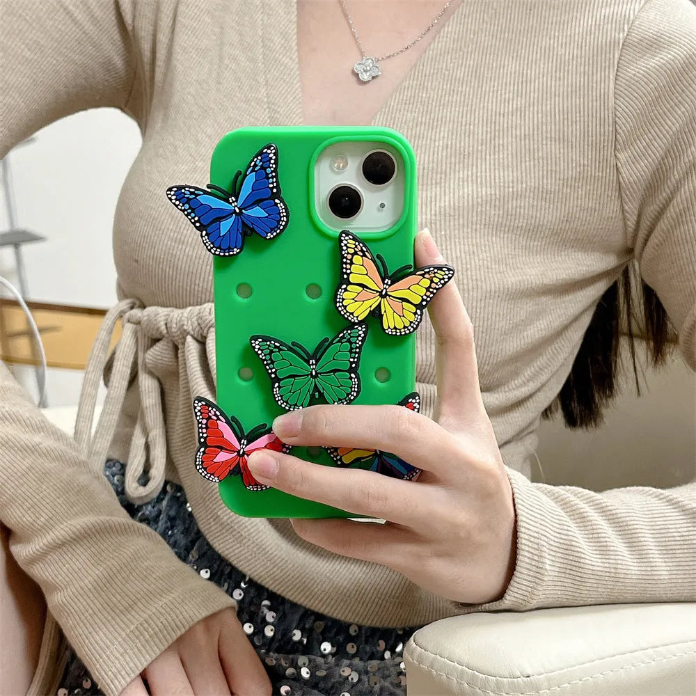 Three-dimensional colorized butterfly silicone phone case for Apple iPhone, black, engraved design