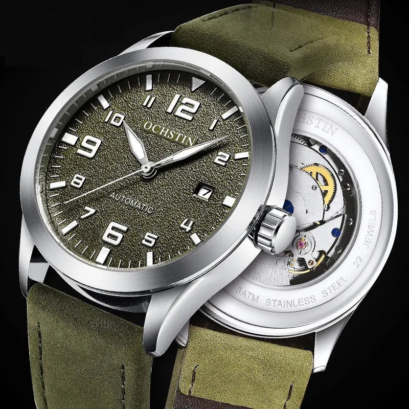 Men's retro automatic watch with leather strap in black and silver colour options