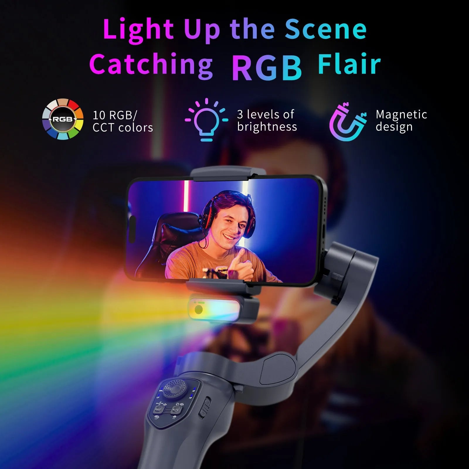 Handheld camera stabilizer tripod head in L7Cpro gun colour with foldable arms and AI RGB lighting.