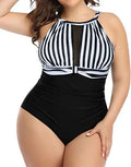 Women's black lace one-piece swimsuit shown next to striped and red floral pattern variants on a mannequin.