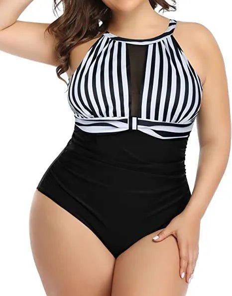 Women's black lace one-piece swimsuit shown next to striped and red floral pattern variants on a mannequin.