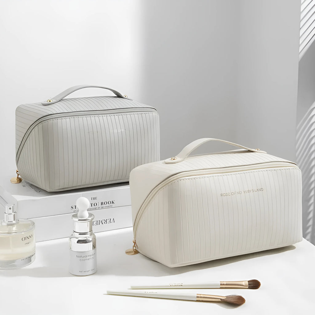 Vertical pattern cubic makeup bag in soft PU leather with 22.5cm by 12.5cm dimensions