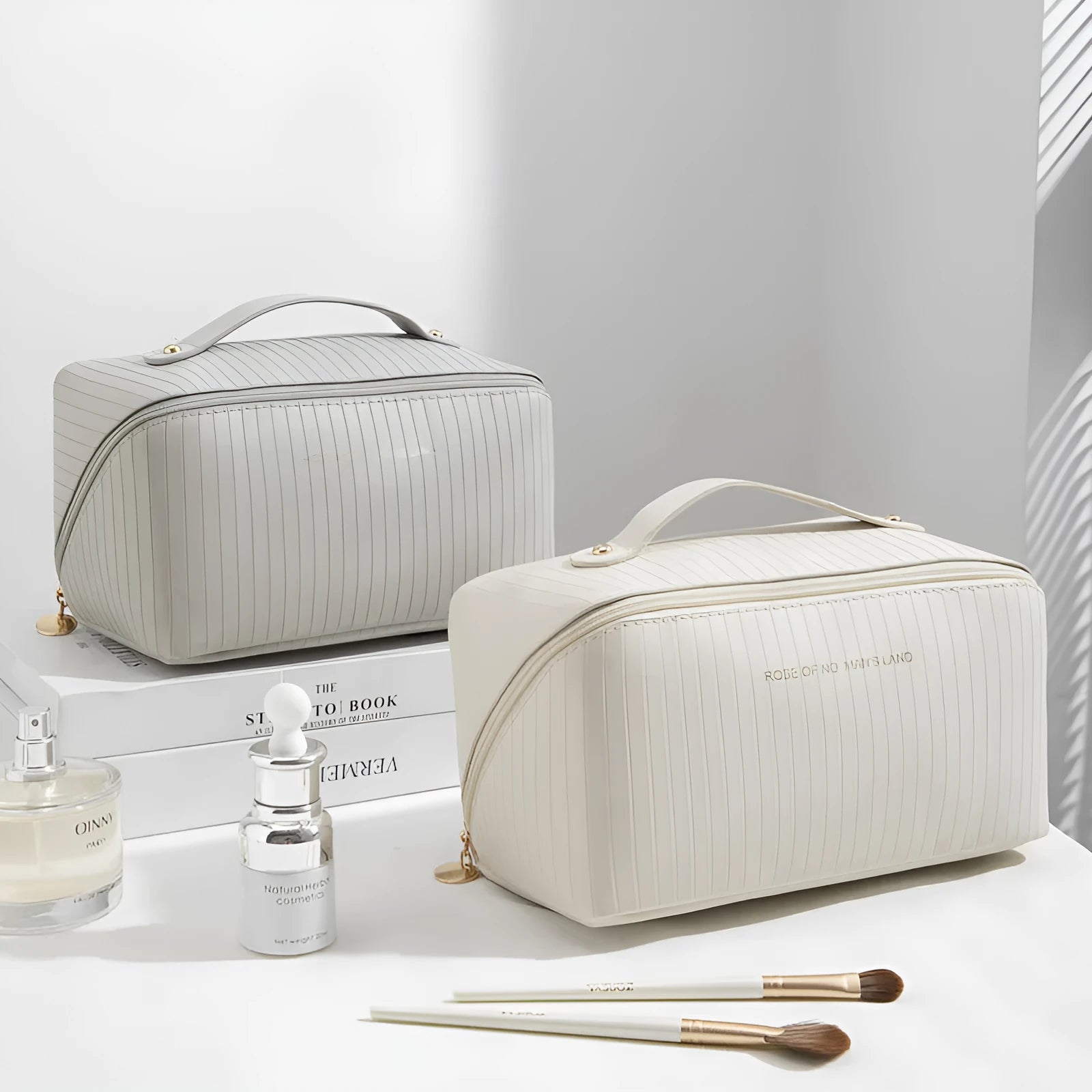 Vertical pattern cubic makeup bag in soft PU leather with 22.5cm by 12.5cm dimensions