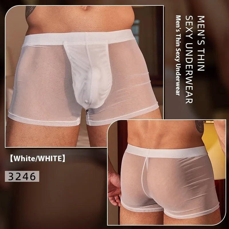Men's black ultra-thin nylon boxer briefs laid flat, free size