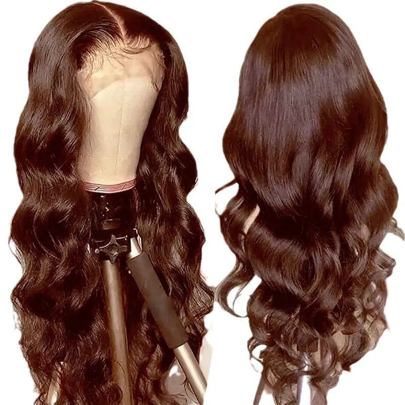 Women's long curly dark brown synthetic front lace wig with side fringe, shown on a model.