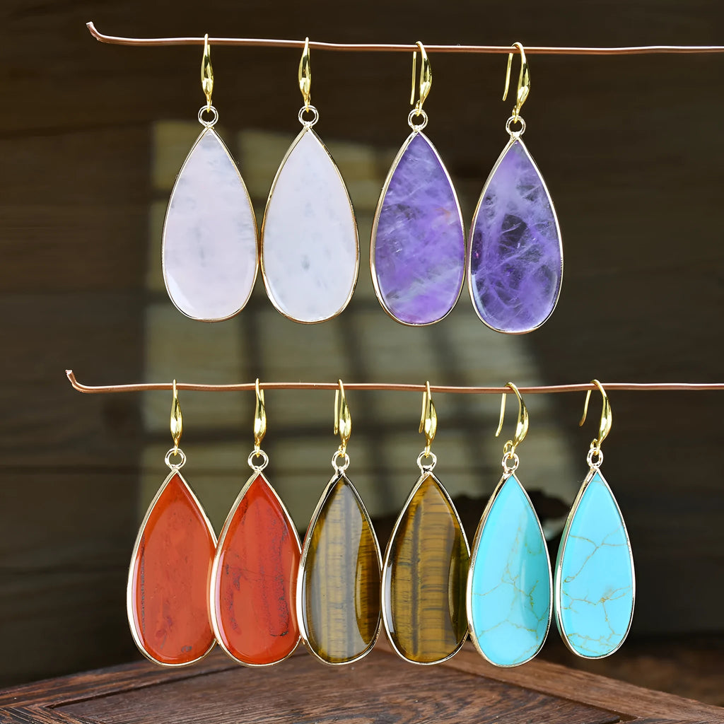 Vintage stone drop earrings in Tigereye with manual craftsmanship and water droplet shape