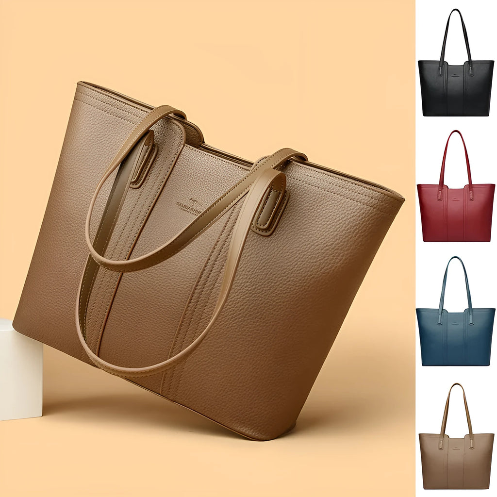 Women's genuine leather shoulder bag in light beige with high capacity and three-dimensional pocket, business commute style