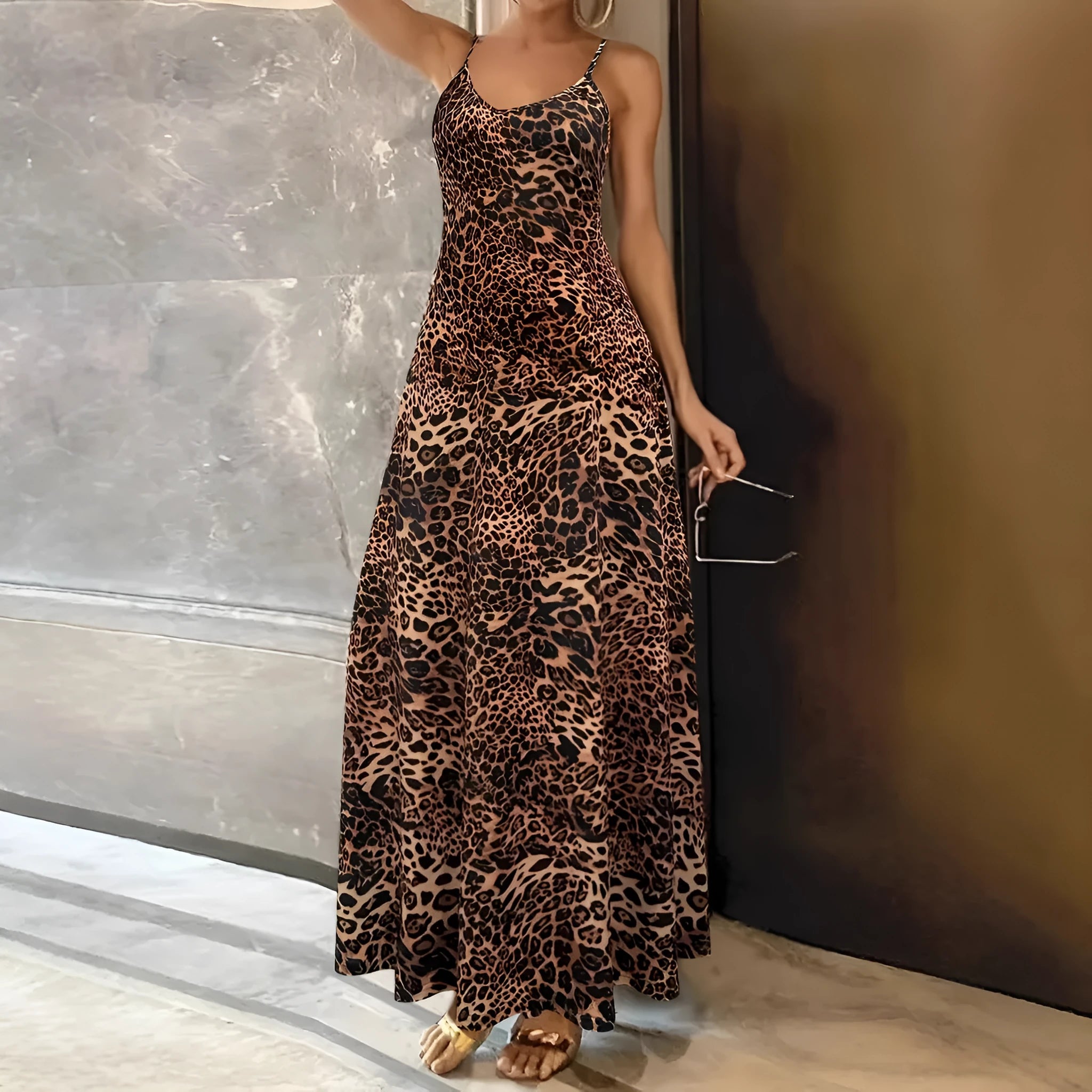 Dark brown leopard print sleeveless dress with loose fit and round neck